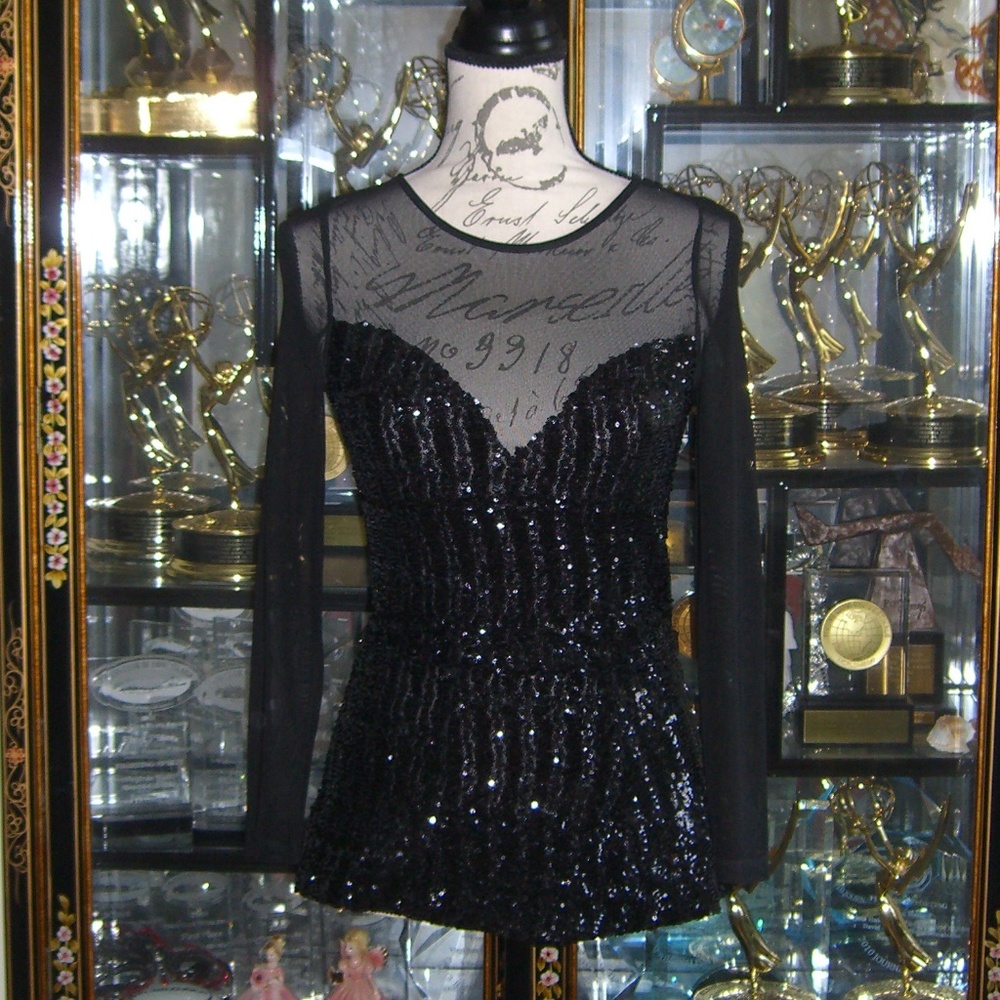 ASOS PETITE BLACK SEQUIN SHEER MESH PEPLUM TOP
